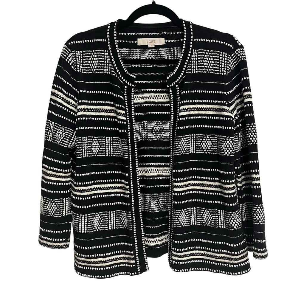 Ann Taylor LOFT Sweater Open Front Cardigan Black‎ White Textured Knit  Medium